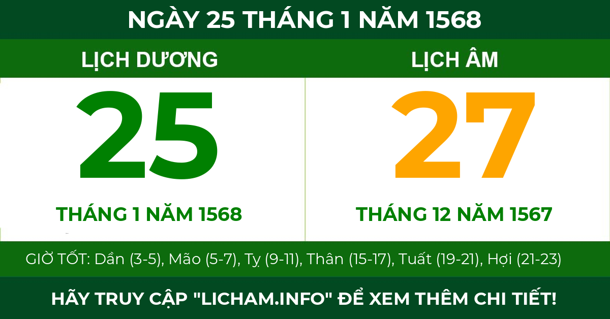 lịch âm ngày 25 tháng 1 năm 1568