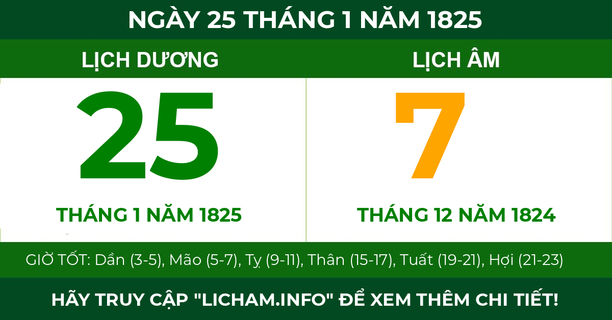 lịch âm ngày 25 tháng 1 năm 1825