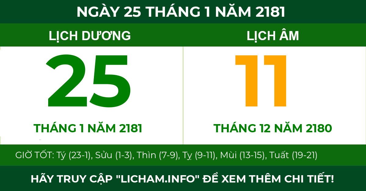lịch âm ngày 25 tháng 1 năm 2181