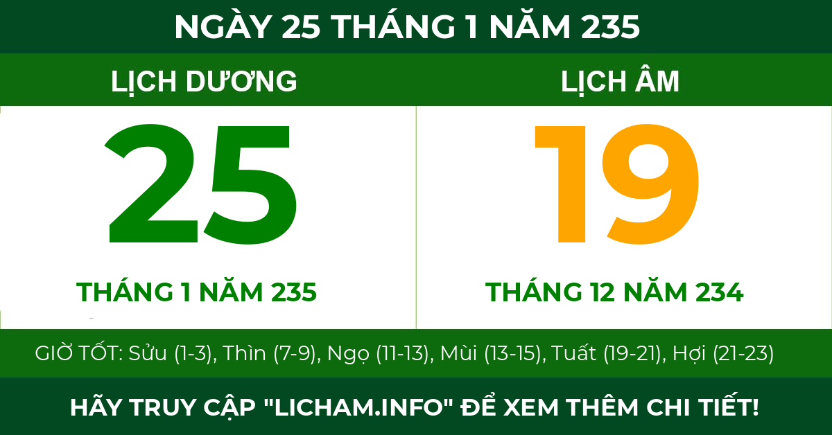 lịch âm ngày 25 tháng 1 năm 235