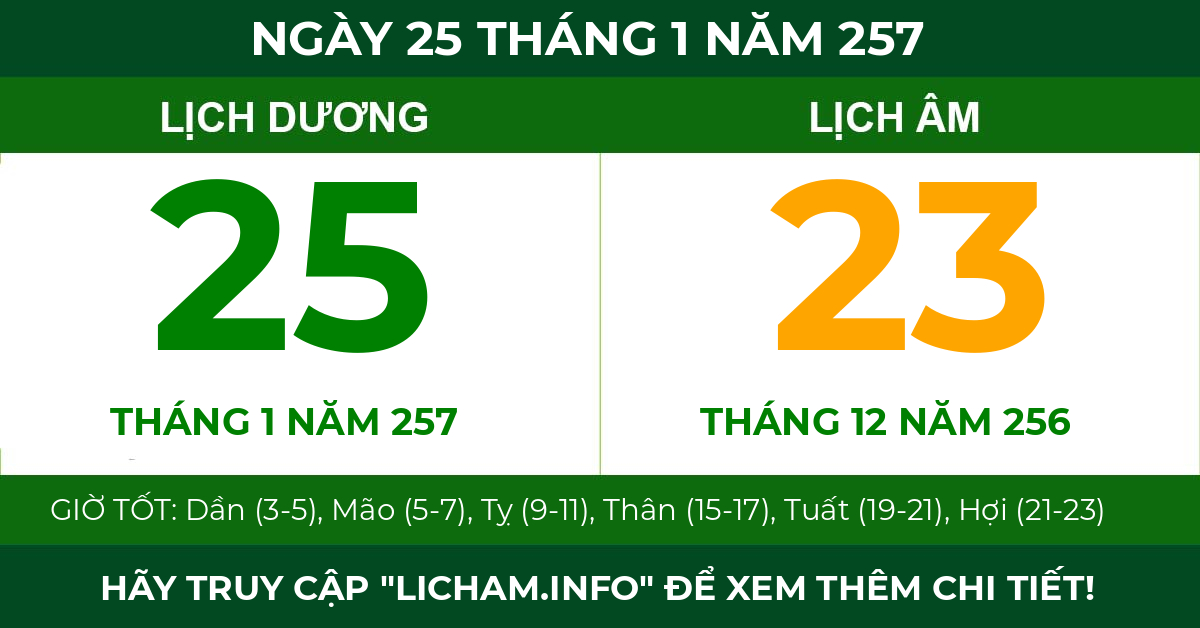 lịch âm ngày 25 tháng 1 năm 257