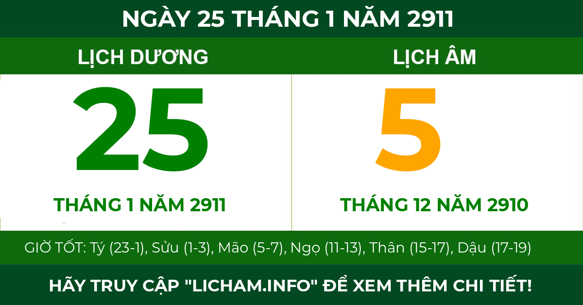 lịch âm ngày 25 tháng 1 năm 2911