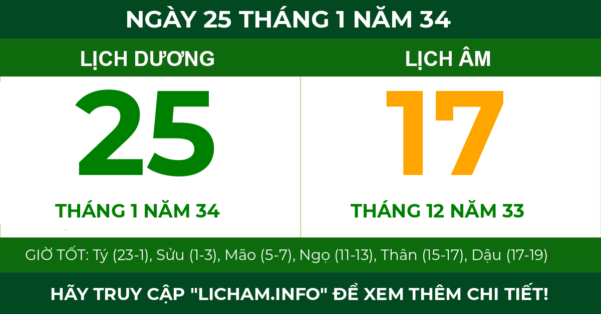 lịch âm ngày 25 tháng 1 năm 34