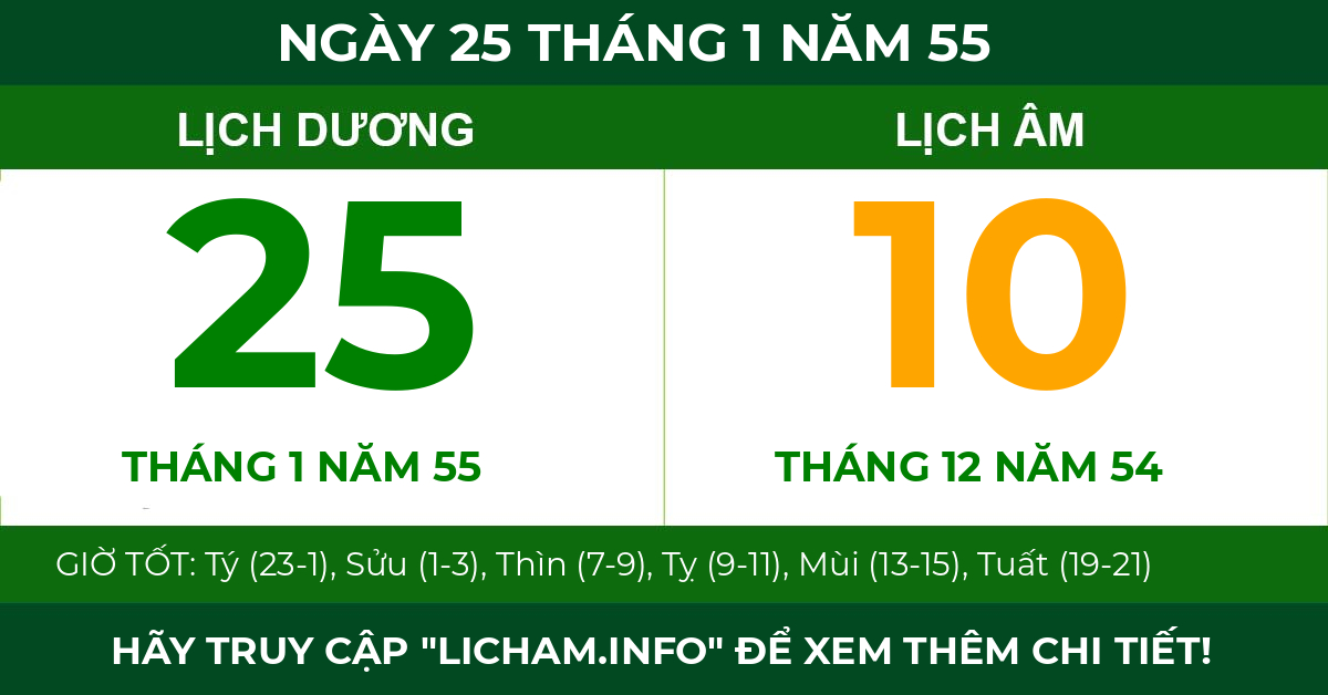 lịch âm ngày 25 tháng 1 năm 55