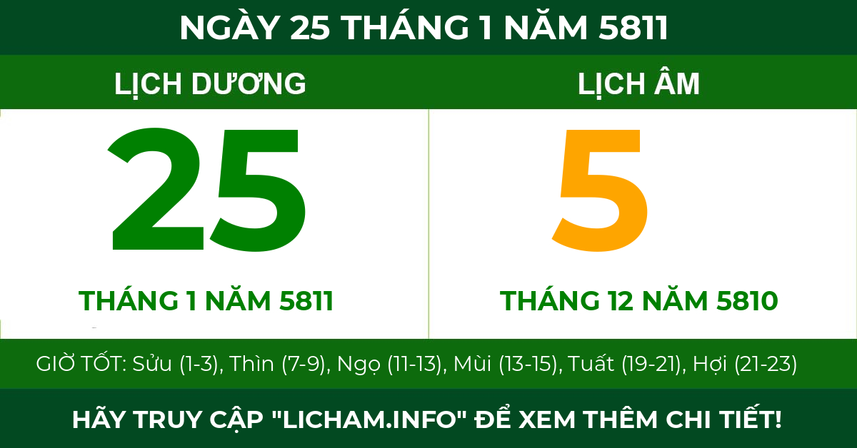 lịch âm ngày 25 tháng 1 năm 5811