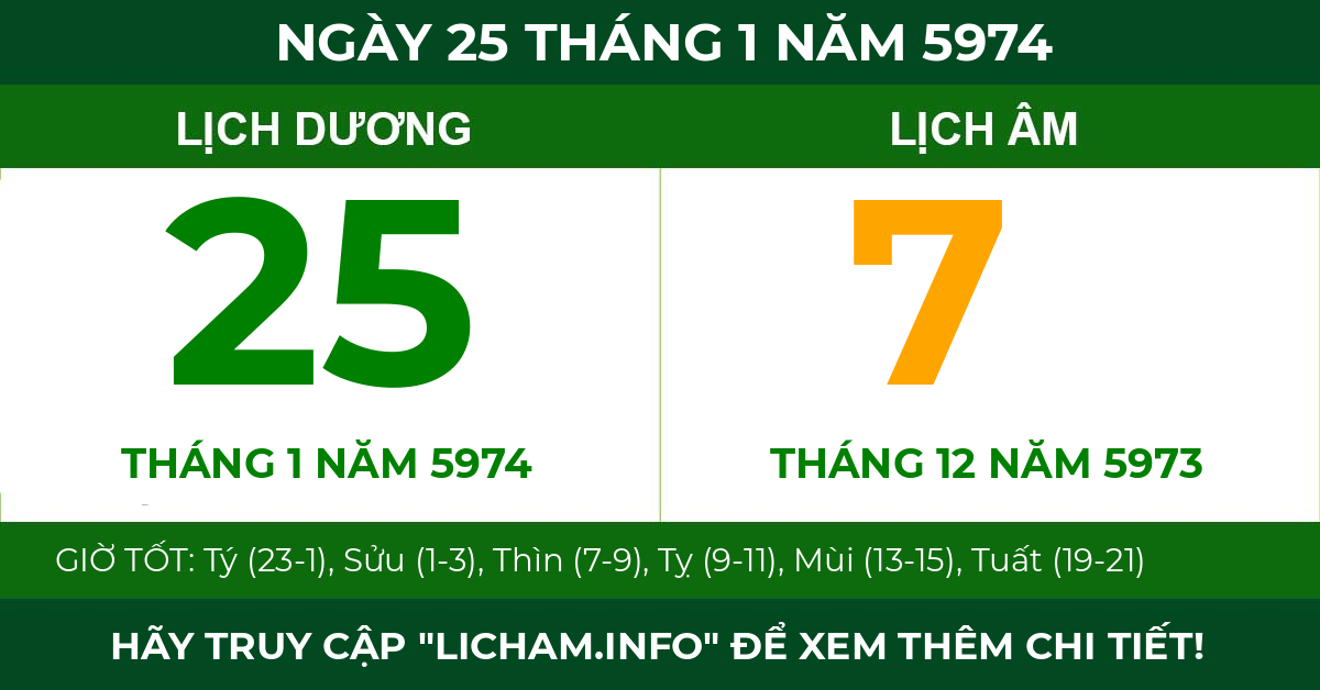 lịch âm ngày 25 tháng 1 năm 5974