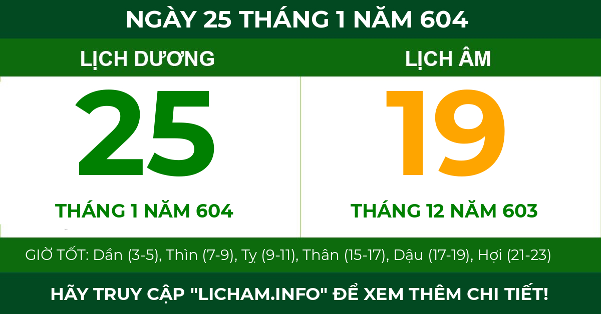 lịch âm ngày 25 tháng 1 năm 604