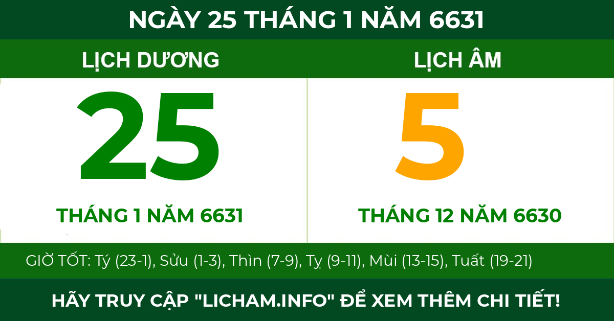 lịch âm ngày 25 tháng 1 năm 6631
