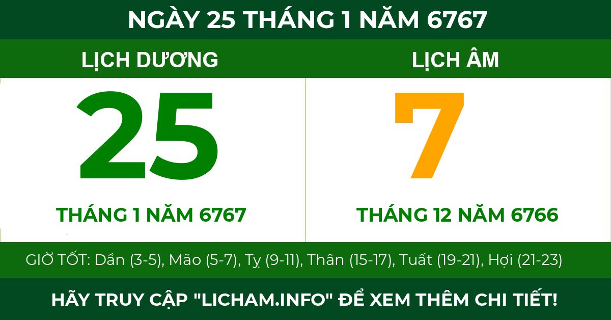 lịch âm ngày 25 tháng 1 năm 6767