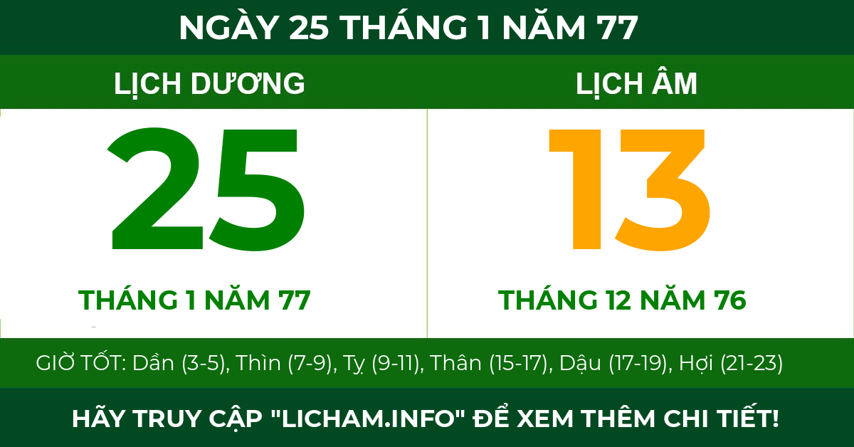 lịch âm ngày 25 tháng 1 năm 77