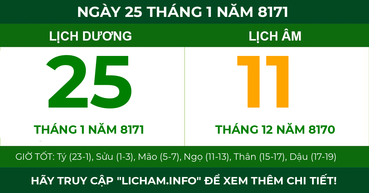 lịch âm ngày 25 tháng 1 năm 8171