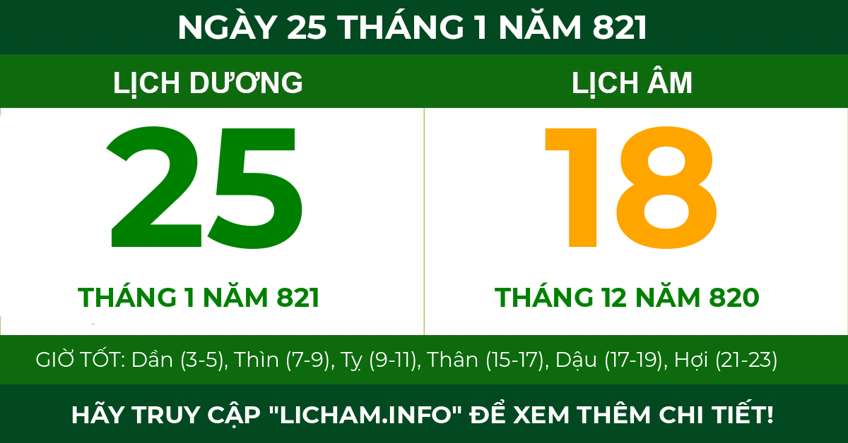 lịch âm ngày 25 tháng 1 năm 821