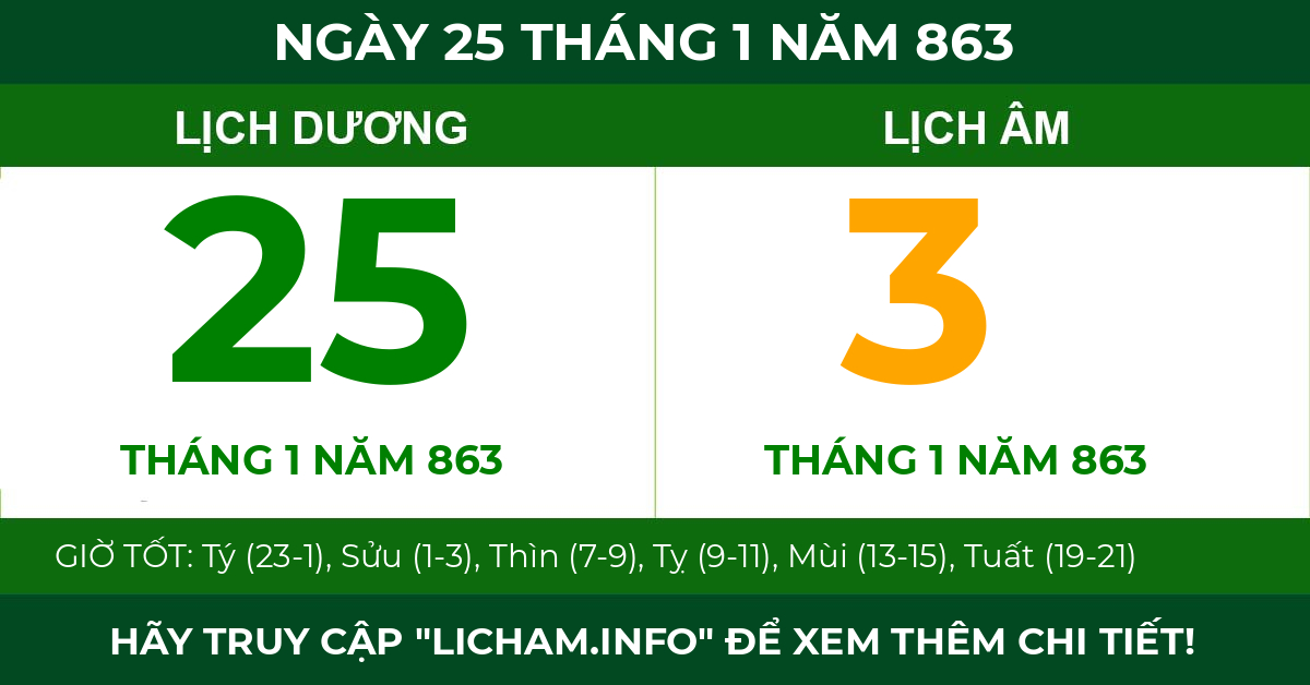 lịch âm ngày 25 tháng 1 năm 863