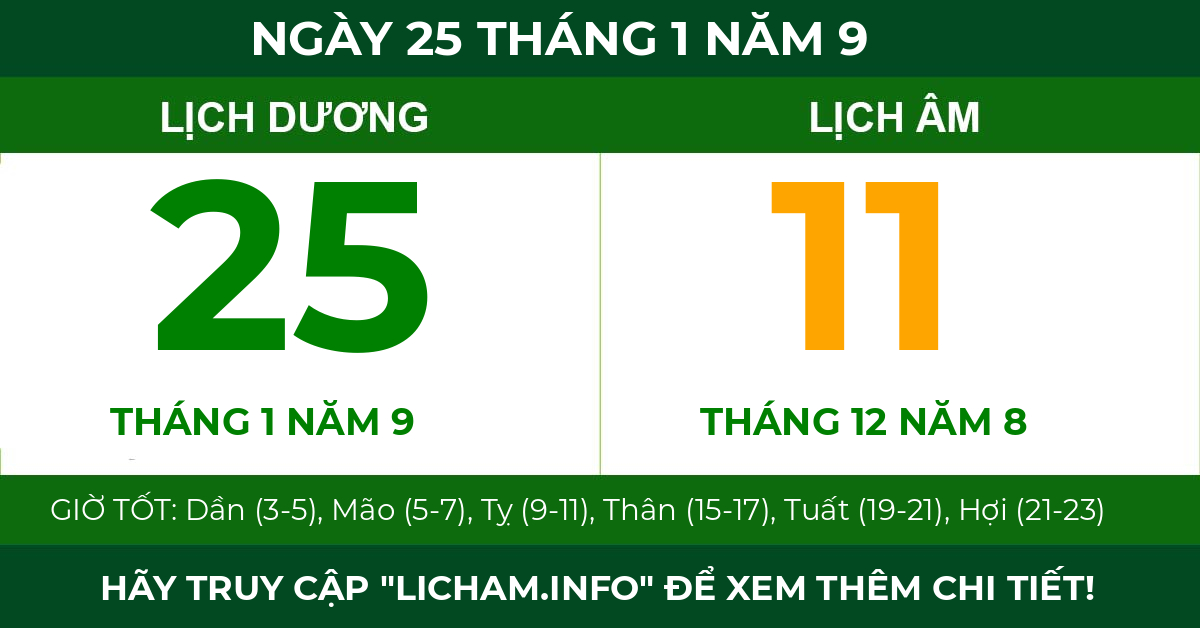 lịch âm ngày 25 tháng 1 năm 9