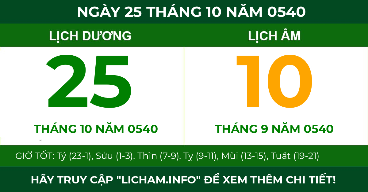lịch âm ngày 25 tháng 10 năm 0540