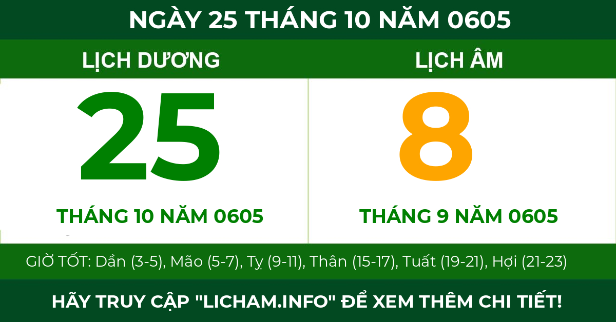 lịch âm ngày 25 tháng 10 năm 0605