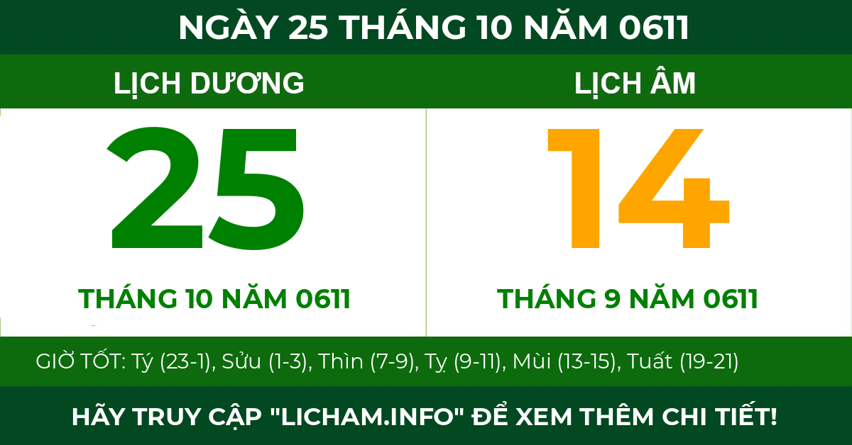 lịch âm ngày 25 tháng 10 năm 0611