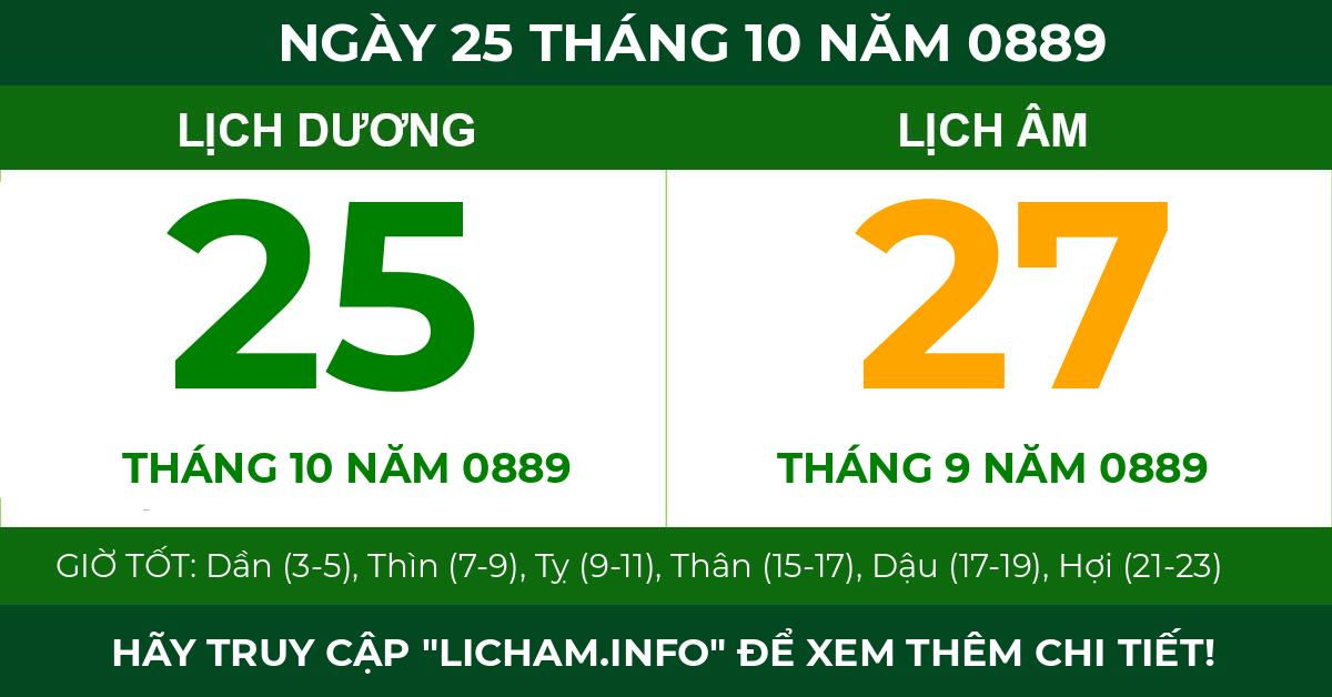 lịch âm ngày 25 tháng 10 năm 0889