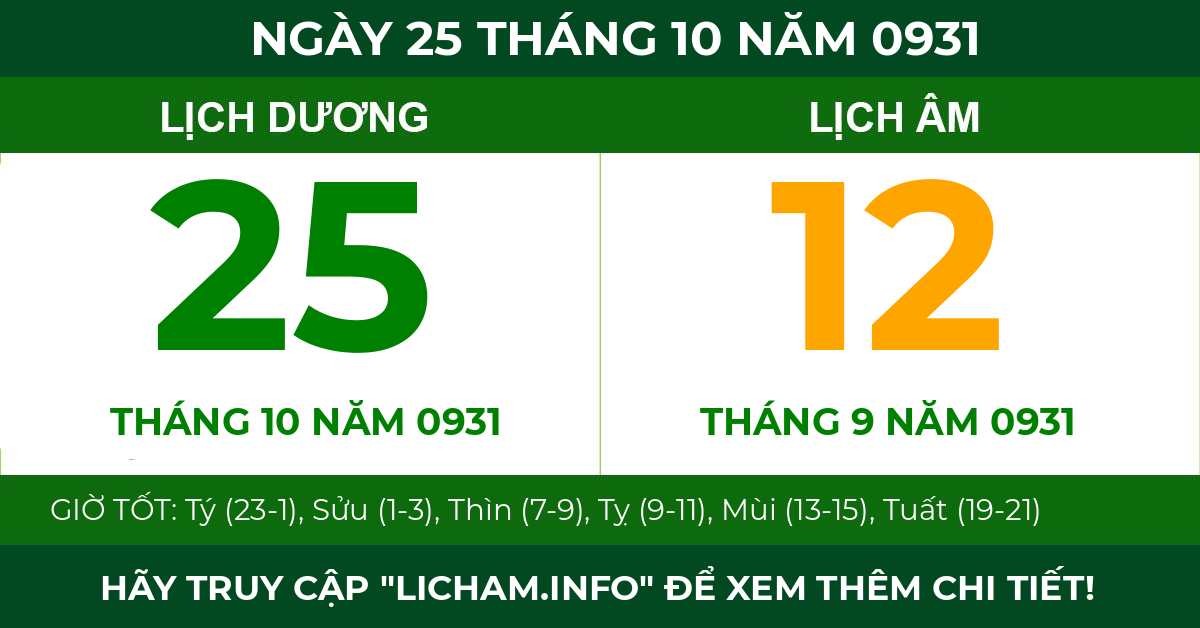 lịch âm ngày 25 tháng 10 năm 0931