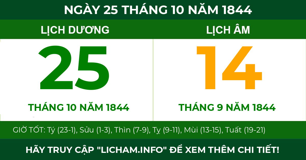 lịch âm ngày 25 tháng 10 năm 1844