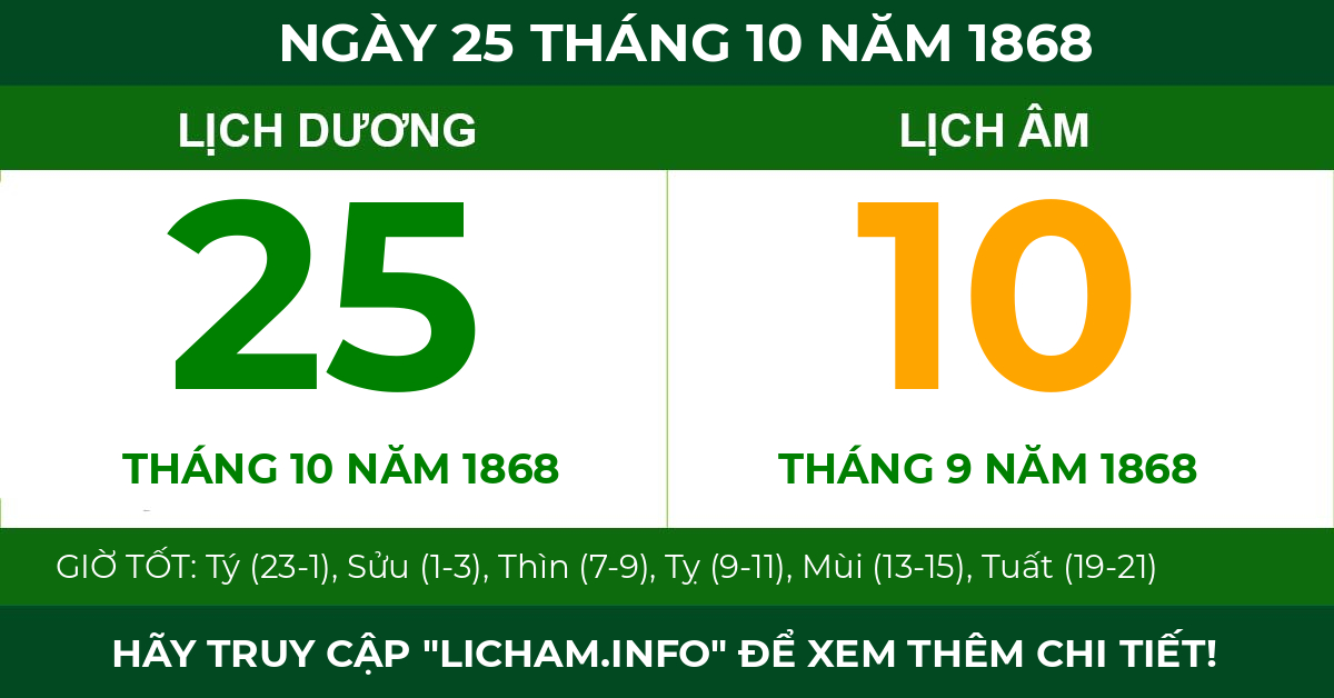 lịch âm ngày 25 tháng 10 năm 1868