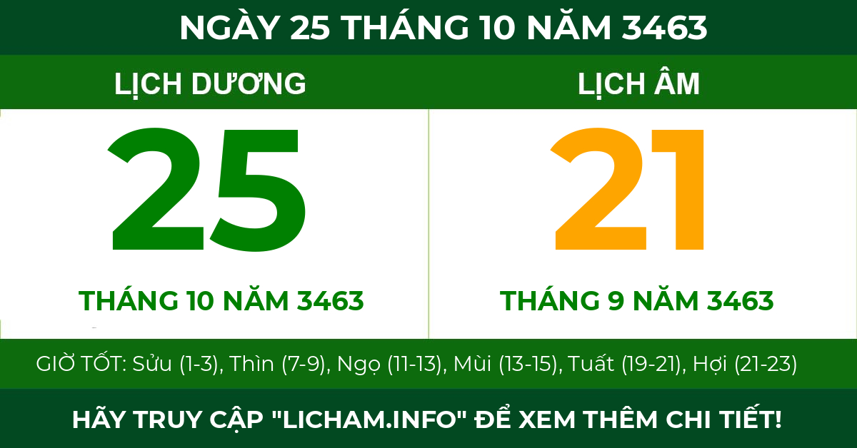 lịch âm ngày 25 tháng 10 năm 3463