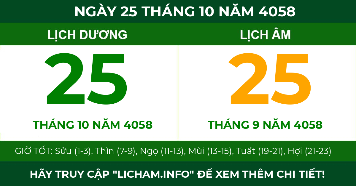 lịch âm ngày 25 tháng 10 năm 4058