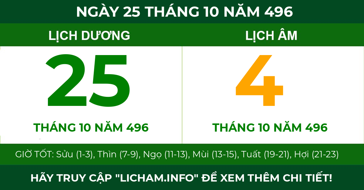 lịch âm ngày 25 tháng 10 năm 496