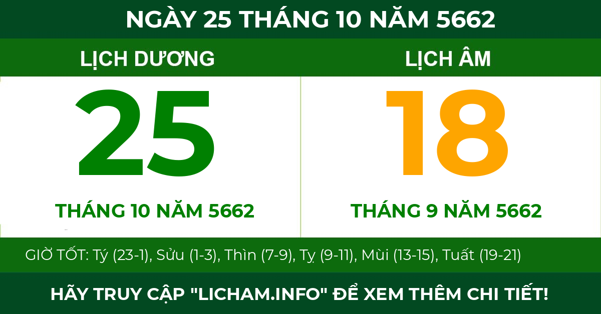 lịch âm ngày 25 tháng 10 năm 5662