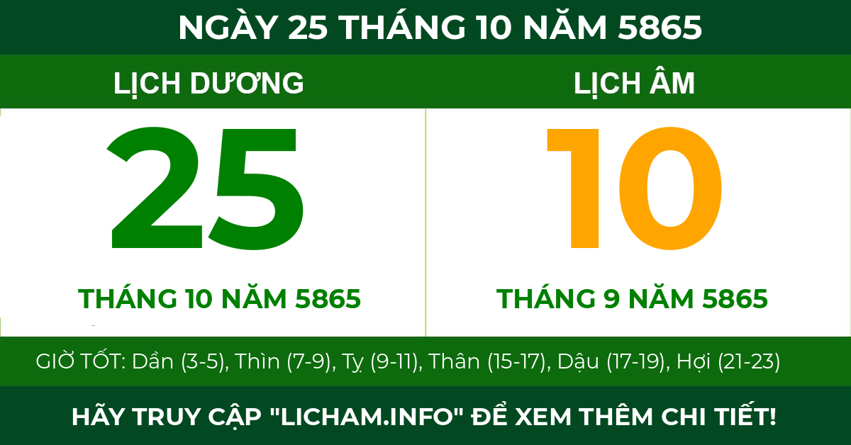lịch âm ngày 25 tháng 10 năm 5865