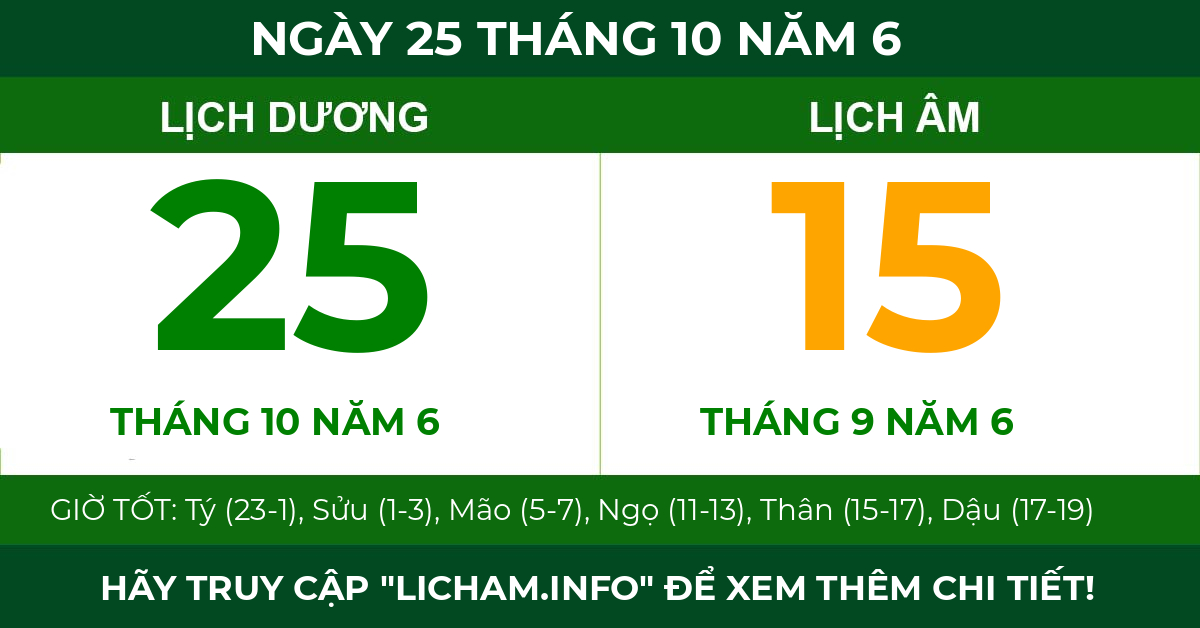 lịch âm ngày 25 tháng 10 năm 6