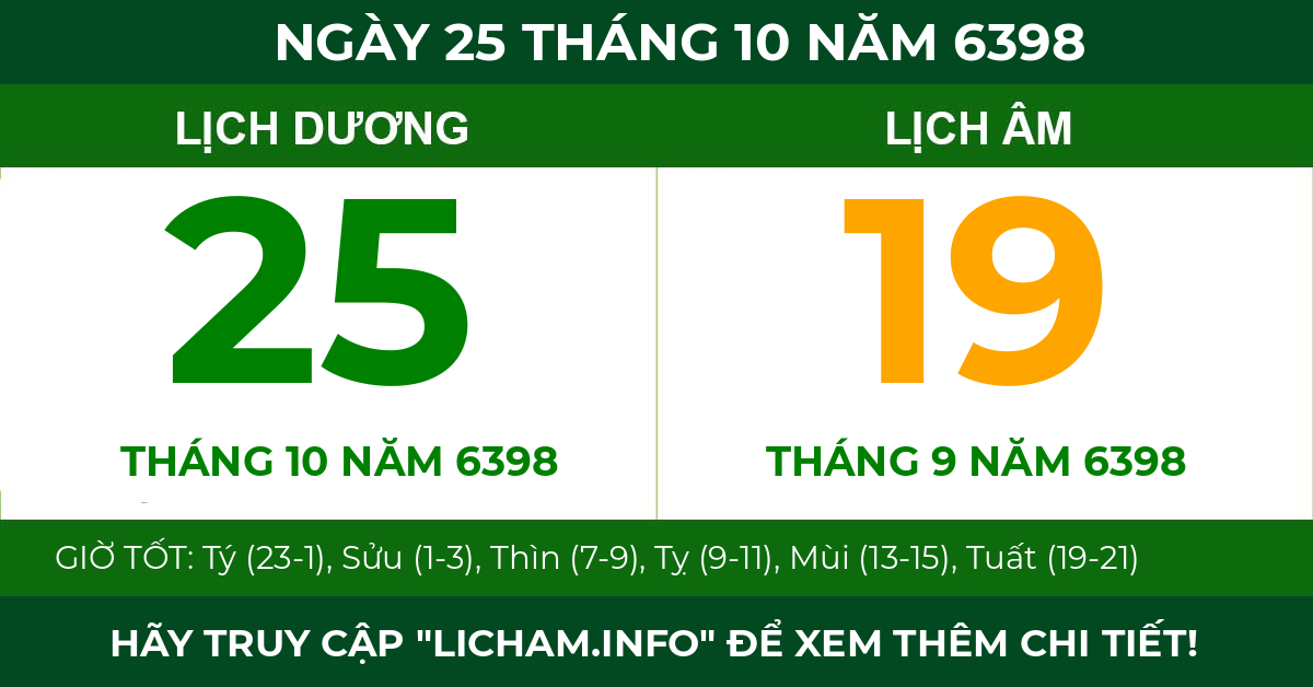 lịch âm ngày 25 tháng 10 năm 6398