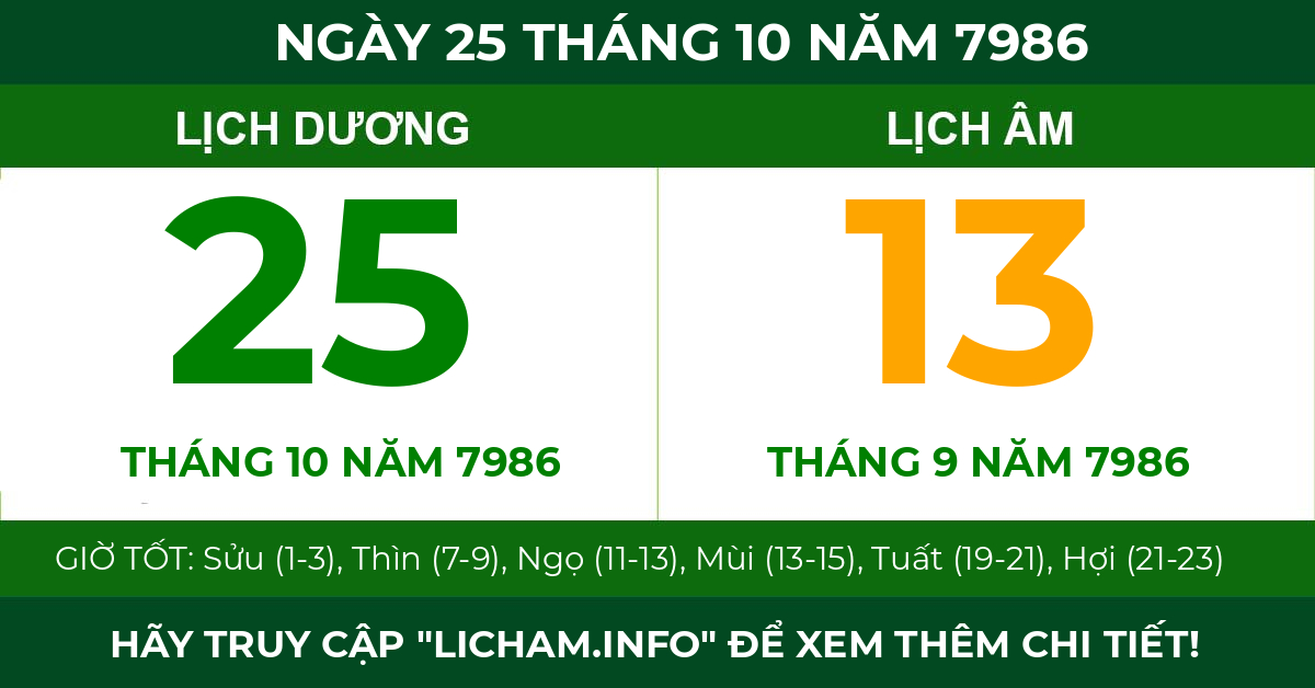 lịch âm ngày 25 tháng 10 năm 7986