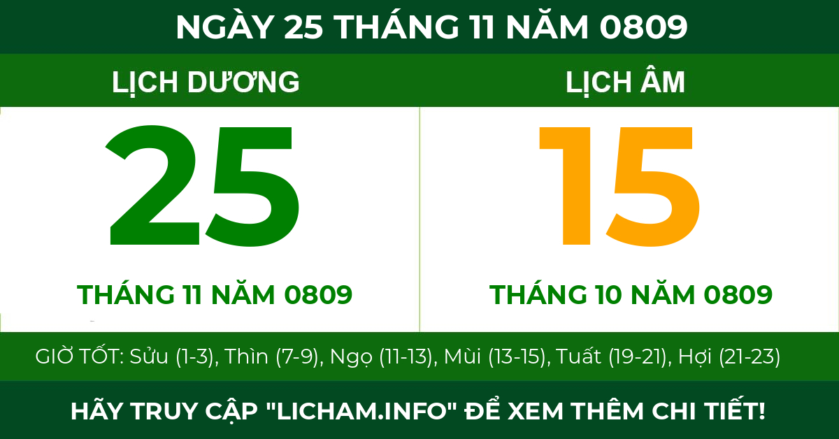 lịch âm ngày 25 tháng 11 năm 0809