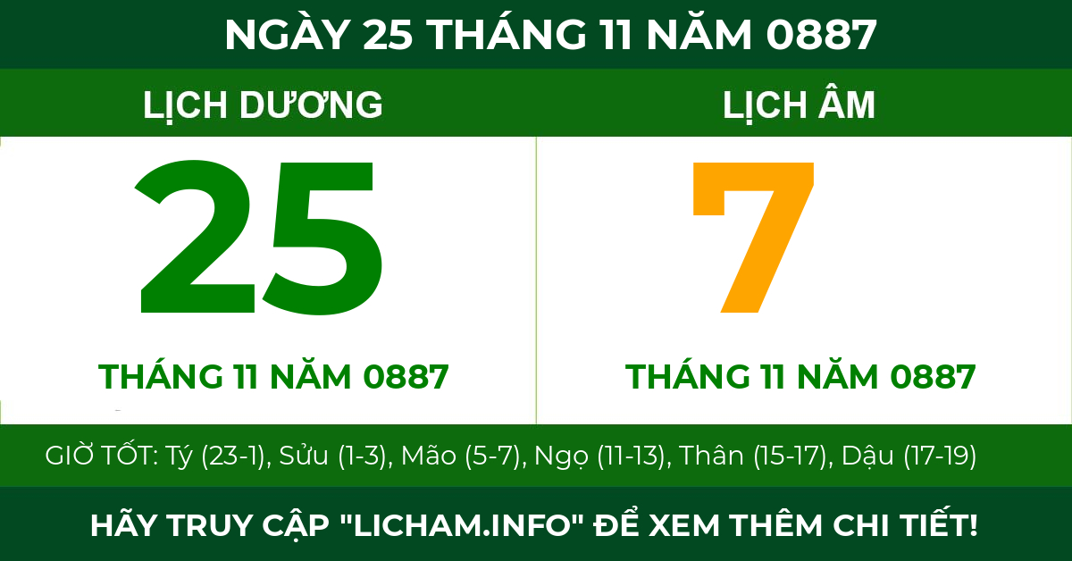 lịch âm ngày 25 tháng 11 năm 0887