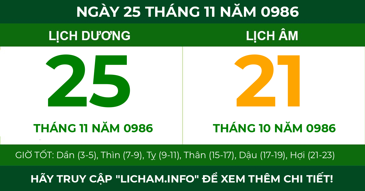 lịch âm ngày 25 tháng 11 năm 0986
