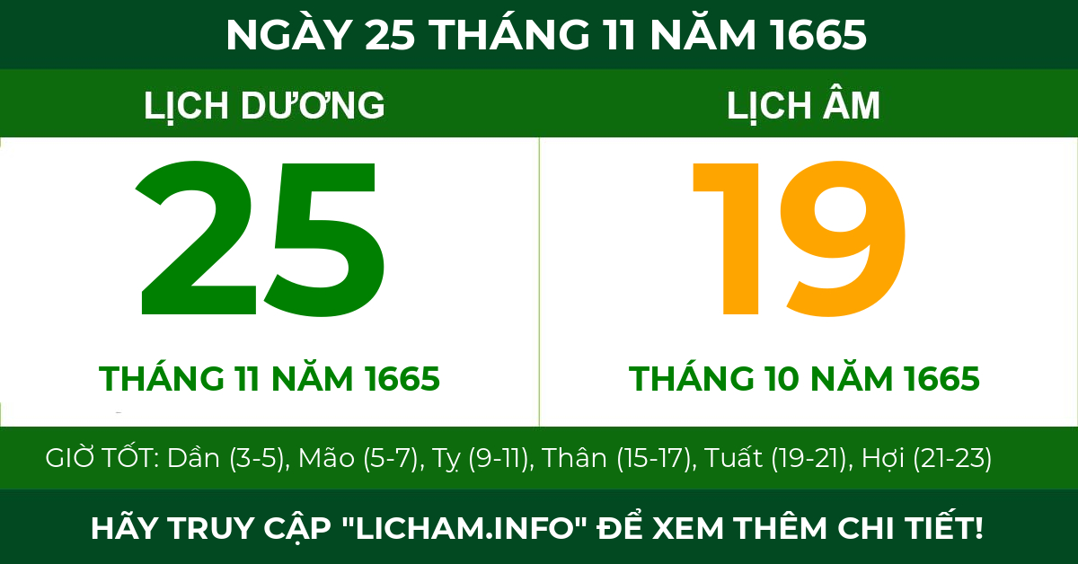 lịch âm ngày 25 tháng 11 năm 1665