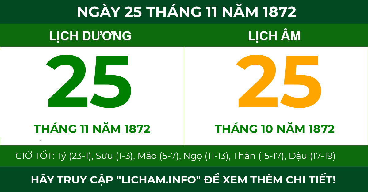 lịch âm ngày 25 tháng 11 năm 1872