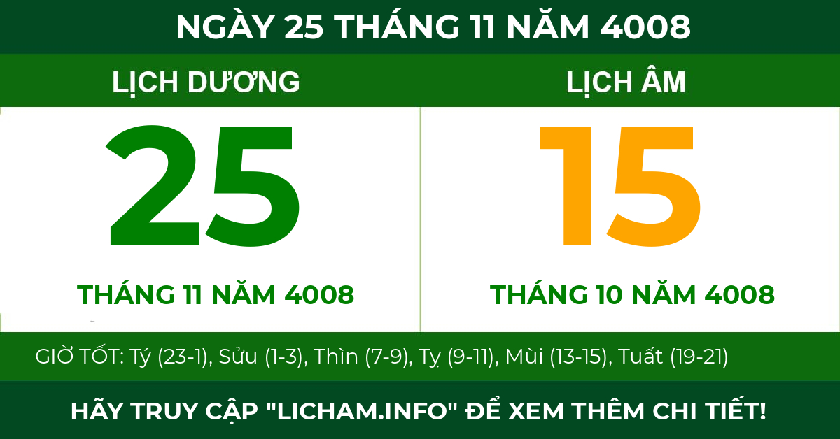 lịch âm ngày 25 tháng 11 năm 4008