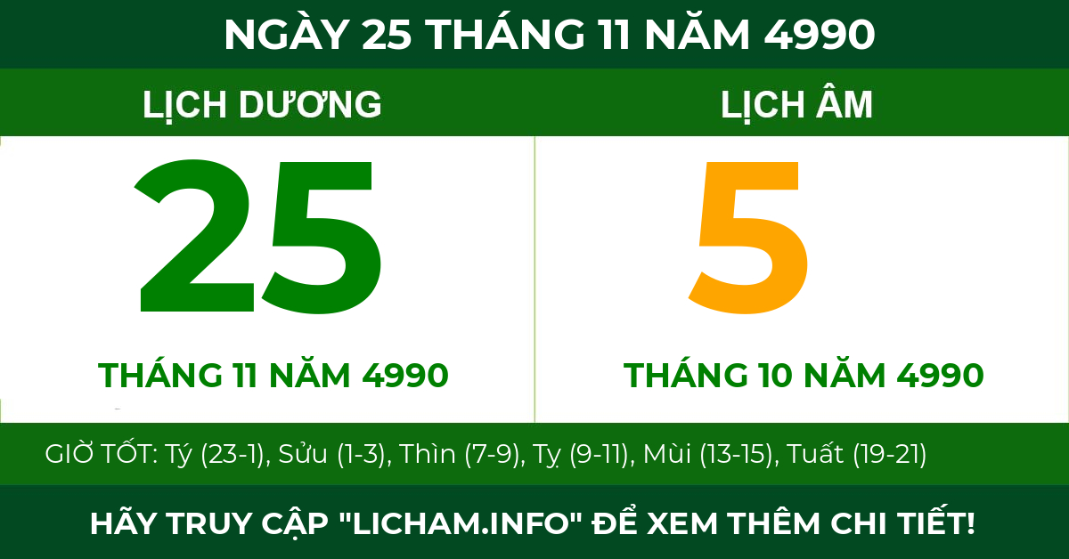lịch âm ngày 25 tháng 11 năm 4990
