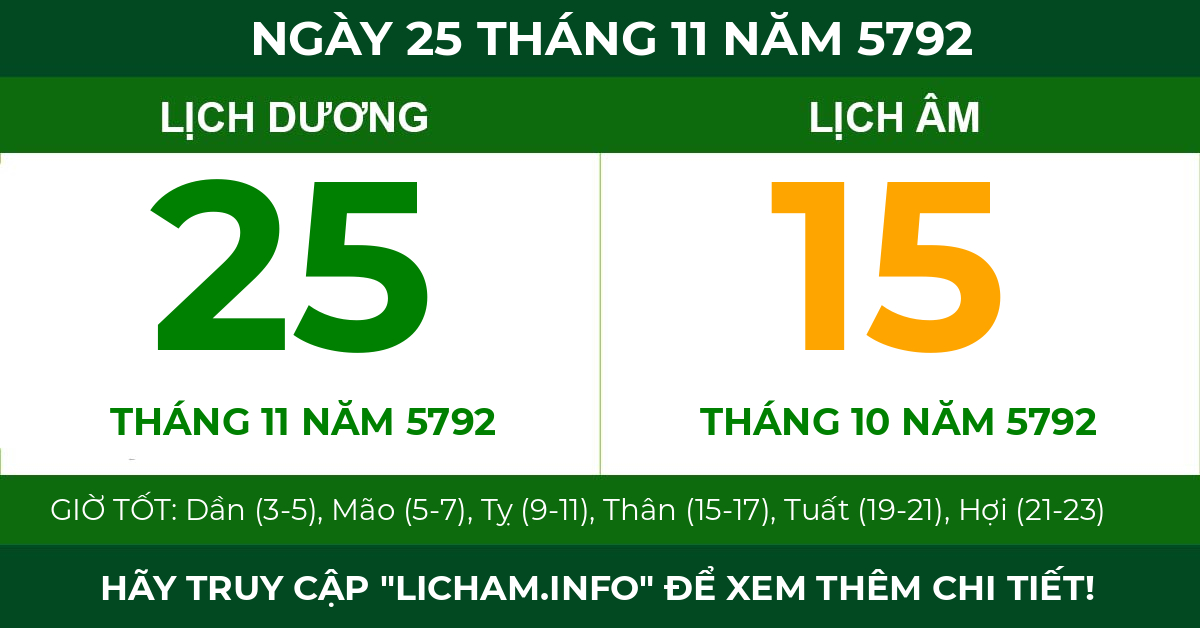 lịch âm ngày 25 tháng 11 năm 5792