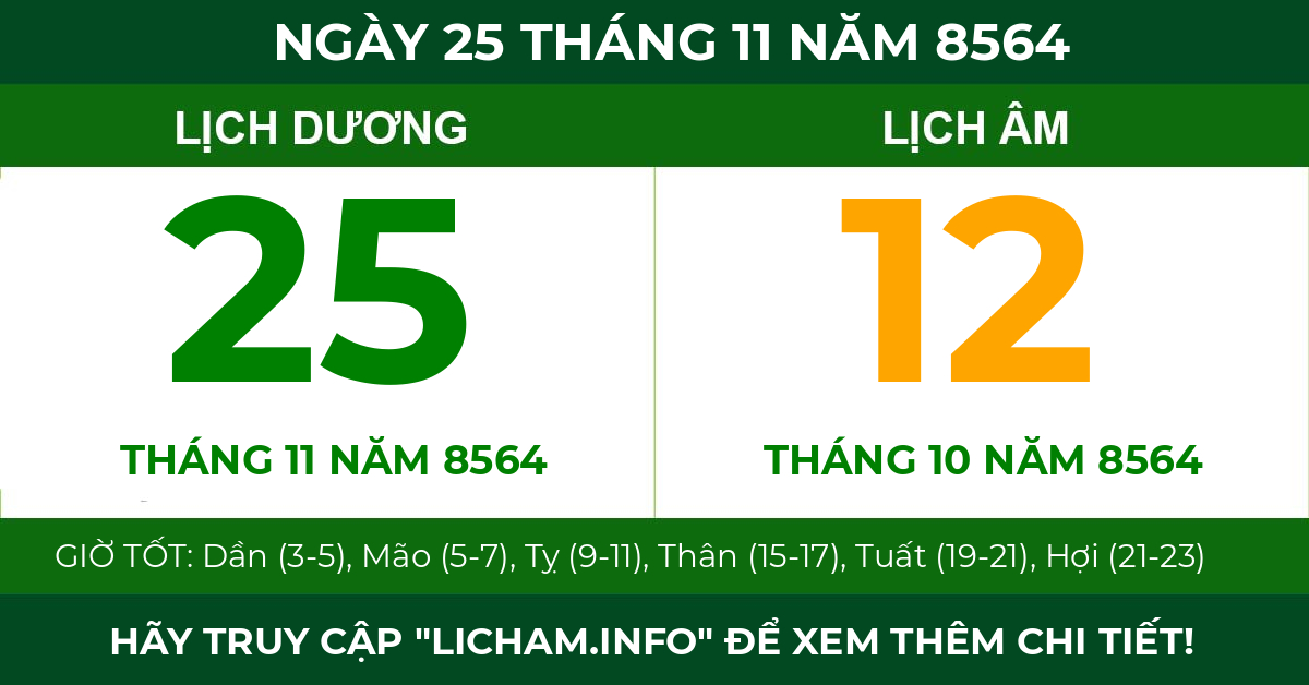 lịch âm ngày 25 tháng 11 năm 8564