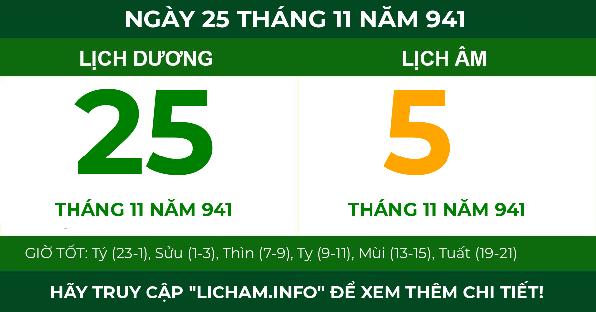 lịch âm ngày 25 tháng 11 năm 941