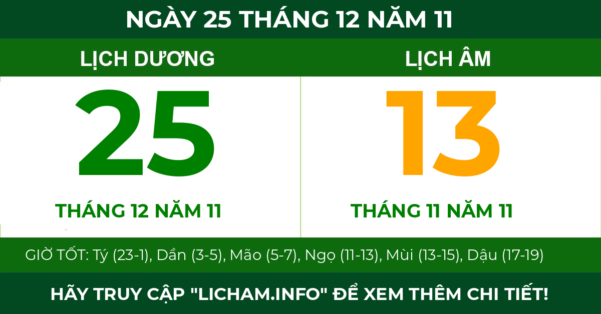 lịch âm ngày 25 tháng 12 năm 11