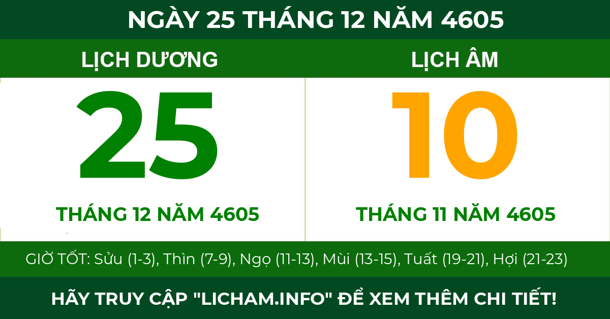 lịch âm ngày 25 tháng 12 năm 4605
