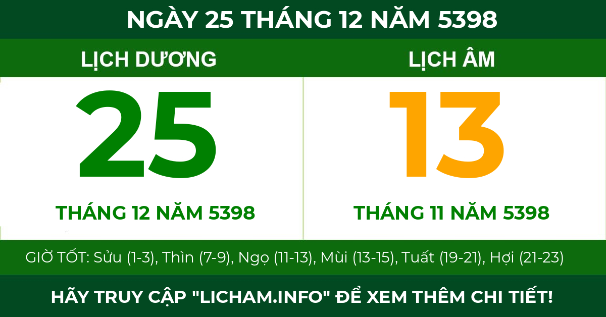 lịch âm ngày 25 tháng 12 năm 5398