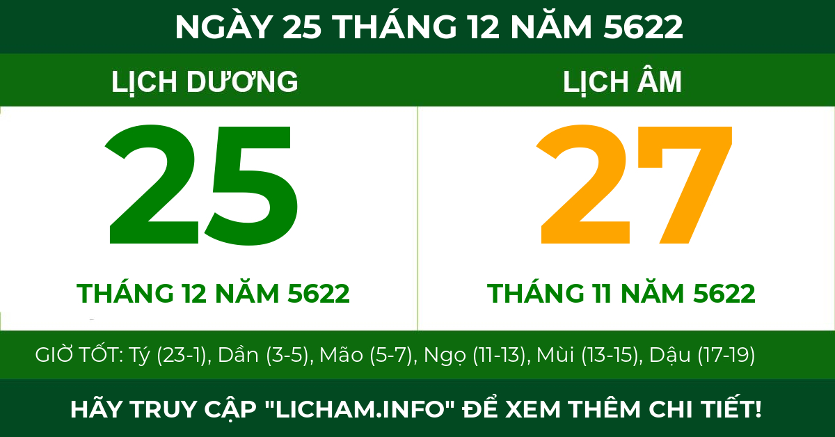 lịch âm ngày 25 tháng 12 năm 5622