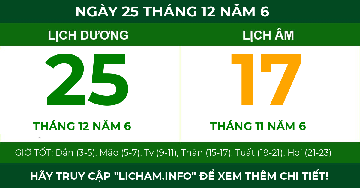 lịch âm ngày 25 tháng 12 năm 6