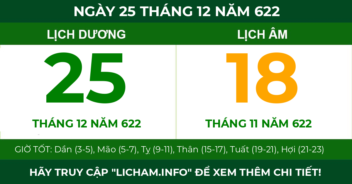 lịch âm ngày 25 tháng 12 năm 622