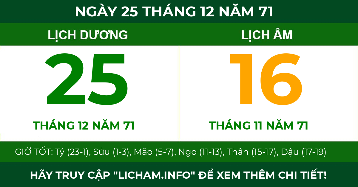 lịch âm ngày 25 tháng 12 năm 71